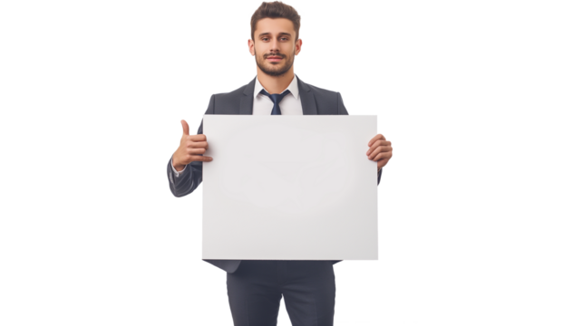 Confident man in suit holding a whiteboard isolated on a transparent background