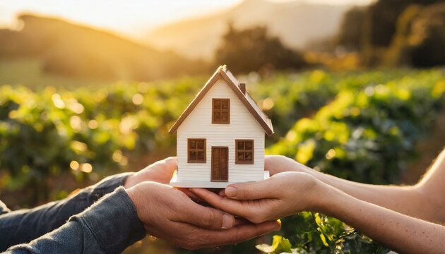 m&atilde;os segurando pequena fofa casa, construir, planos, sonhos, imobili&aacute;ria, aluguel