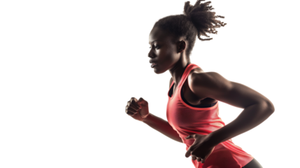Confident young African woman in sports clothing running on a track isolated on a transparent background