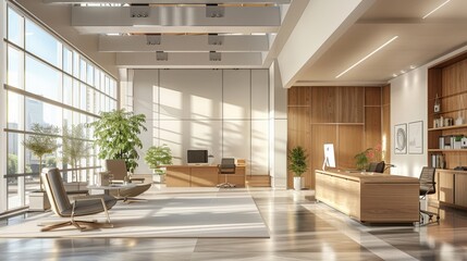 architect's business office with a minimalist design, high ceilings, and a calm, productive atmosphere