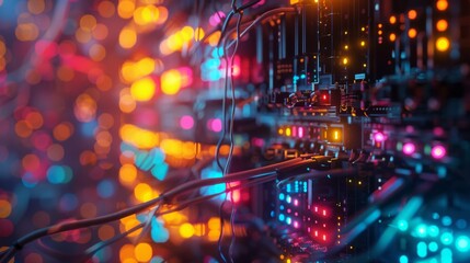 Obraz premium cloud server room with interconnected network cables and blinking LEDs
