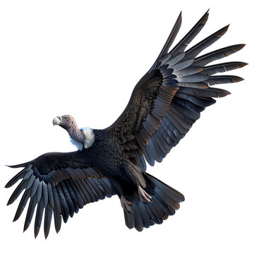Majestic condor soaring in the sky with wings fully extended, showcasing impressive plumage and grace in flight.