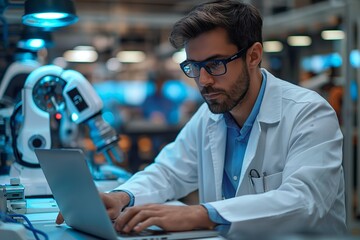 Scientist programming a robot in a lab