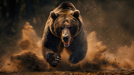 An enraged bear running kicking up dust