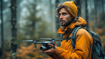 Fototapeta premium Ecologist Examining Trees in Forest
