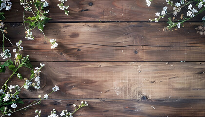 Fototapeta premium rustic wooden background with border of small white flowers and leaves on left side of empty table top