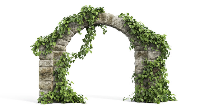 Cut out stone arch covered with ivy. The entrance gate isolated on a transparent background