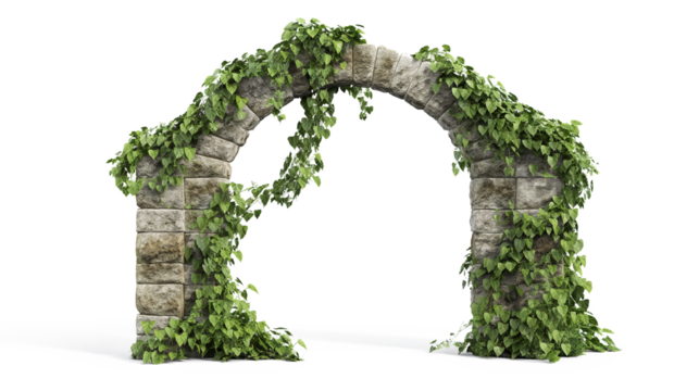 Cut out stone arch covered with ivy. The entrance gate isolated on a transparent background