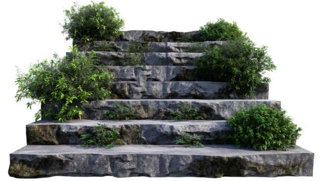 Cut-out stairs made of large stone steps. Staircase lined with green plants for landscaping or garden isolated on a transparent background