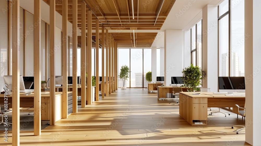 Poster modern wooden coworking office interior with row of desks and computers bright and spacious workspac