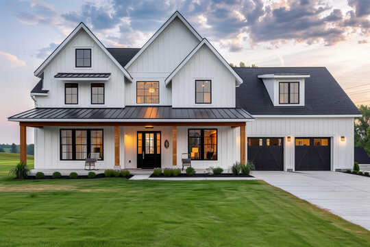 White house with black roof and garage