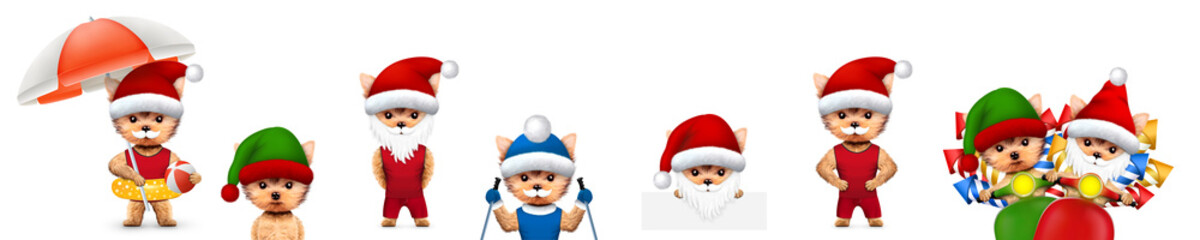 Funny Dog Santa wearing hat, beard and moustache with Elf. Christmas concept