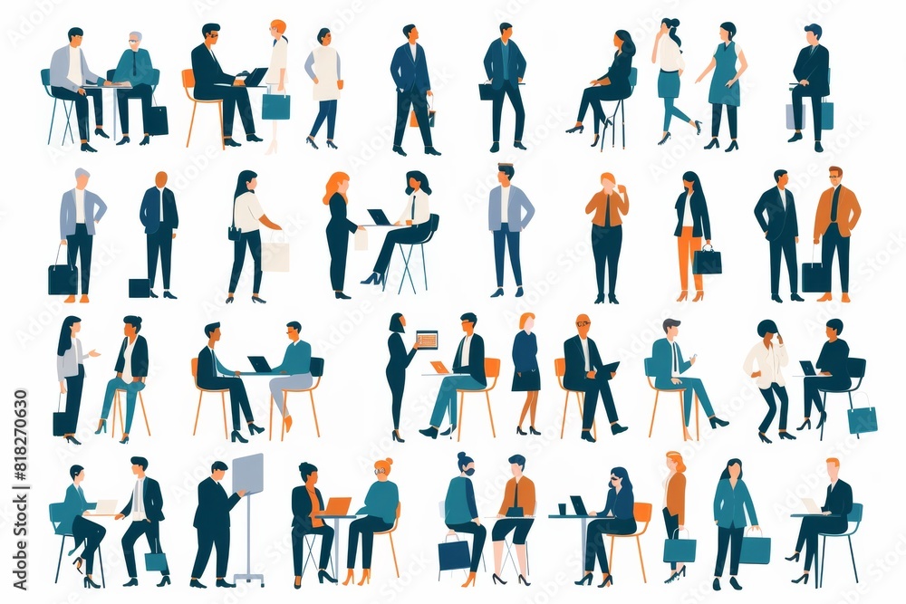 Poster clean vector illustrations depicting various scenes of business individuals and groups in a professi