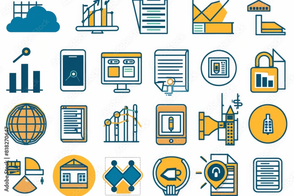 Poster an array of flat designed icons related to business, analytics, and finance, in a modern and simple 