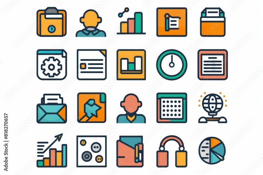 Poster Assorted icons representing business and technology concepts in colorful flat design style