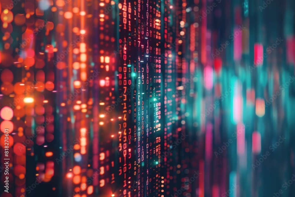 Poster red and blue abstract binary data code rushing on a dark background representing the concept of spee