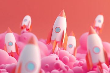 A digitally rendered scene of white and pink paper rockets on a matching pink background, conveying a sense of unity and goal orientation