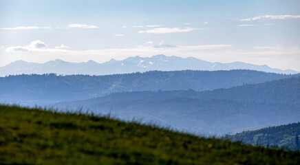 Mountain landscape in the Silesian Beskid with a view of the Tatra Mountains 