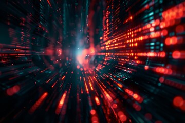Dynamic binary code with motion blur representing data speed and networks on a pitch-black backdrop