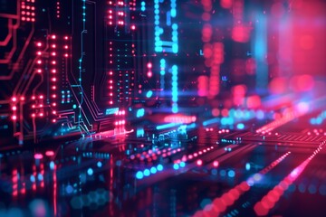 Obraz premium A detailed circuit board with glowing blue and red lights symbolizing tech and electronics concept
