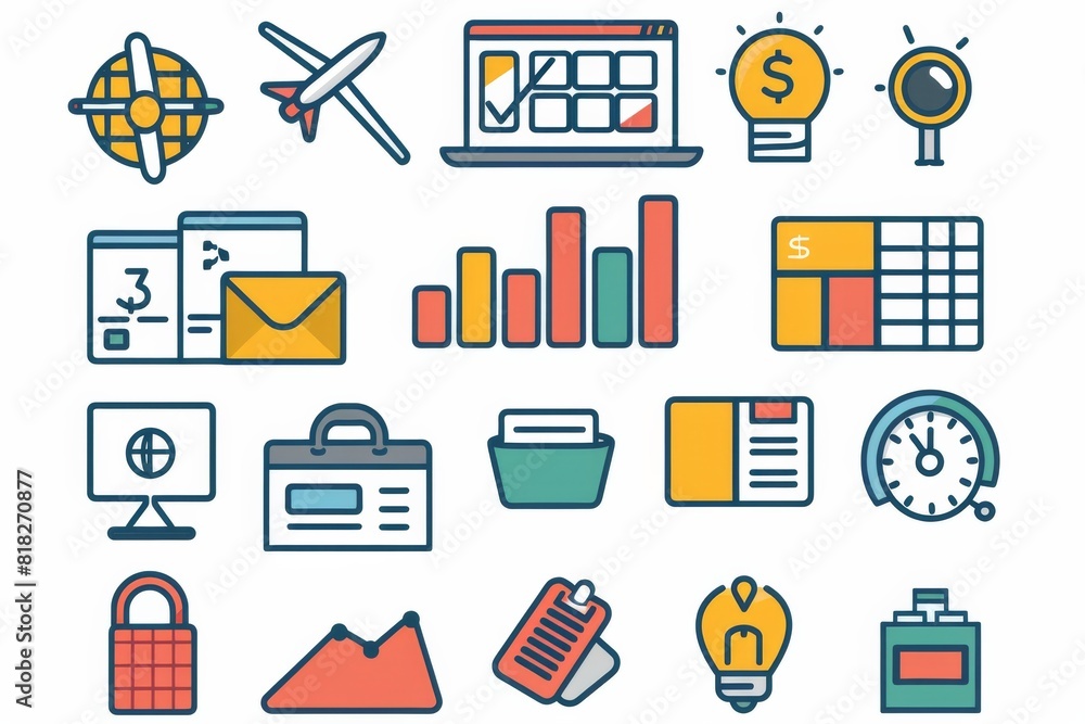 Poster a collection of 15 modern, flat-design business icons featuring various business objects and concept