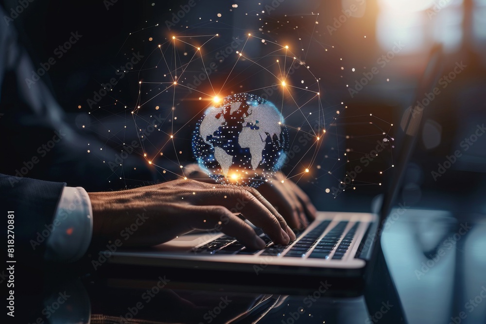 Poster an image depicting a business professional interacting with a digital holographic globe above a lapt