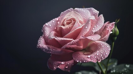 delicate pink rose with water droplets on black background aigenerated floral still life digital art
