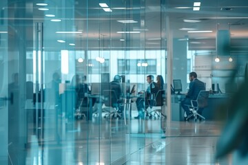 An interior view of a contemporary office space with employees and glass dividers, signifying transparency in the workplace