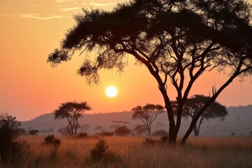 Portrait sunset  with tree , A safari sunset in the  of Africa, AI generated
