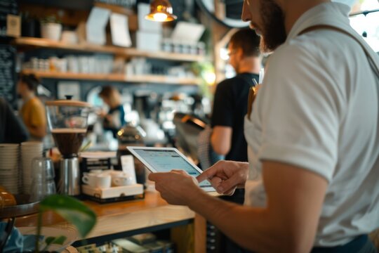 A waiter in a bustling café navigates an order tablet amidst the dynamic backdrop of the coffee shop