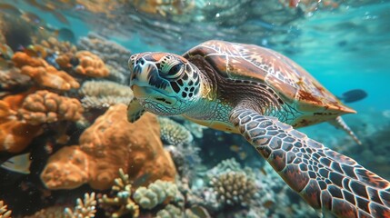 Fototapeta premium A turtle swimming in the ocean with a coral reef in the background