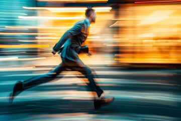An action shot of a businessman running, captured with motion blur, conveying urgency, speed, and the pace of city life