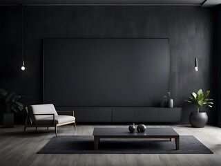  empty screen in a living room interior on an empty dark wall background design,3D rendering 