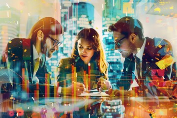A stylized image of a business meeting with digital graphics overlayed representing data and cityscape