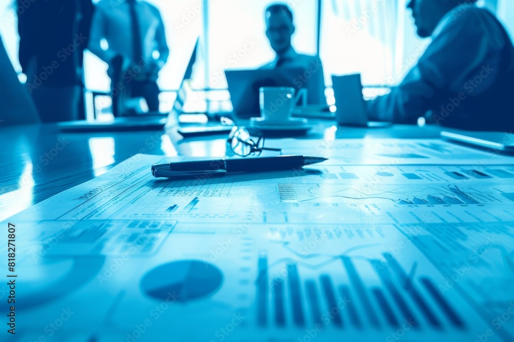 Poster an image showing a table cluttered with documents and business professionals in a meeting, with a bl