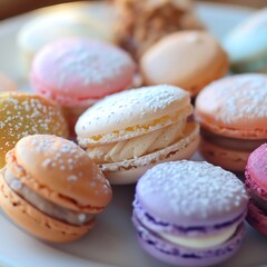 Macro shot of a dessert plate with assorted French macarons, pastel colors and refined sugar dusting.