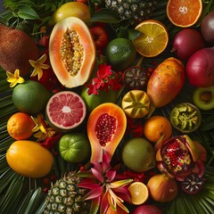 Detailed shot of exotic fruits arrangement with a focus on textures and natural colors, tropical background.