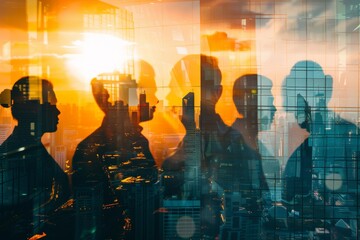 Double exposure of business team silhouettes overlaid with vibrant cityscape during sunset, symbolizing corporate life