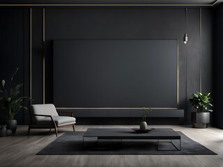  empty screen in a living room interior on an empty dark wall background design,3D rendering 