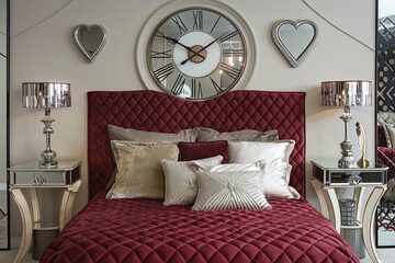 Sophisticated art deco bedroom featuring a quilted ruby red headboard, mirrored side tables, and an ivory deco wall clock.