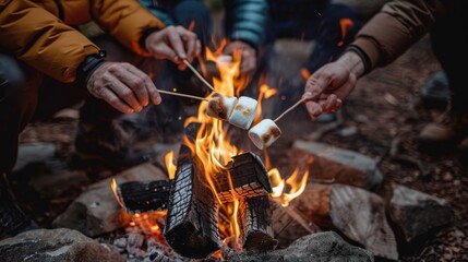 Fototapeta premium A group of people are roasting marshmallows over a fire