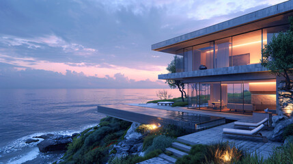 Modern house overlooking ocean cliff. Generative by AI