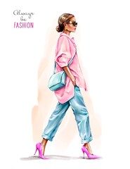 Beautiful dark skin girl with hair bun. Stylish woman with bag. Fashion woman walking. Fashion illustration 