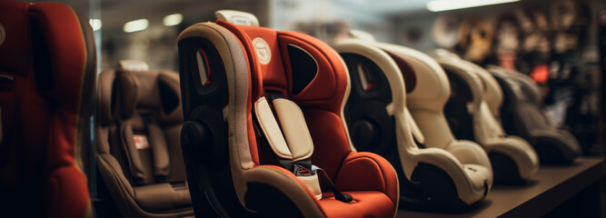 A row of car seats are on display in a store. The seats are of different colors and styles, including a red and white one. The display is organized and neat, with each seat clearly visible