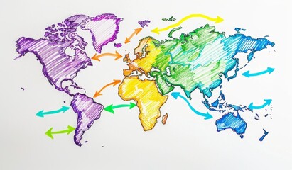 Obraz premium A simple handdrawn map of the world with arrows pointing to various areas, indicating global connections and trade routes Generative AI
