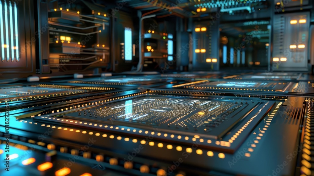 Poster advanced supercomputer processor server room with quantum computing silicone chips 3d illustration