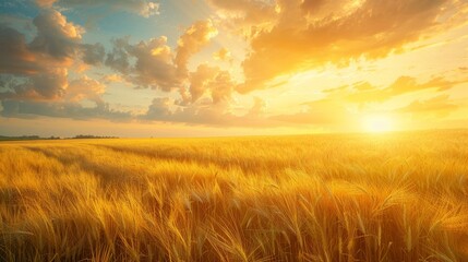 Obraz premium A field of golden wheat with a bright orange sun in the sky