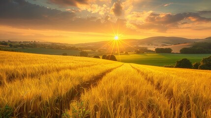 A field of golden wheat with a bright sun in the sky