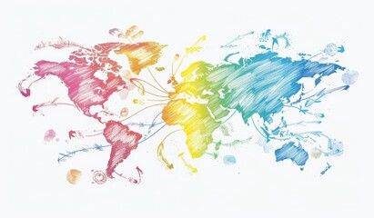 A hand-drawn world map with arrows connecting different continents, each color representing one of the five dragon-inspired colors Generative AI