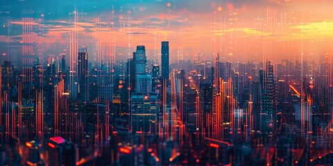 Double exposure of a city skyline overlaid with investment graphs, financial data, and research documents, representing urban business finance